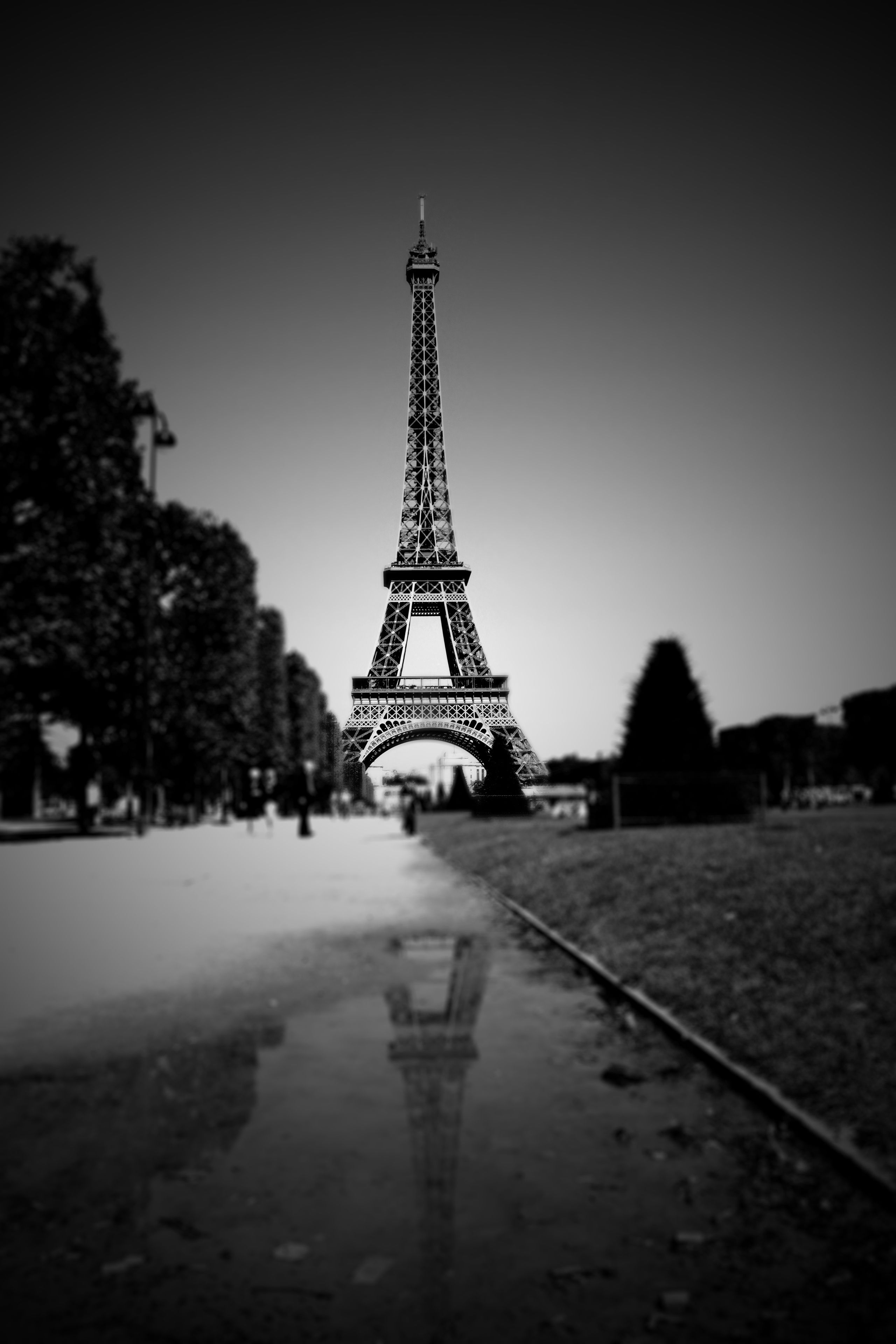 The Eiffel Tower at dusk, black and white, Paris